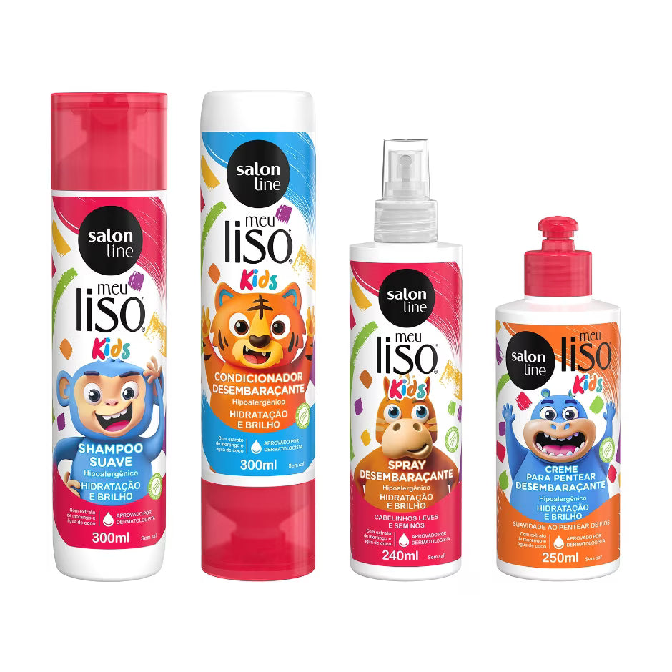 Kit Kids com Shampoo + Condicionador + Creme para Pentear + Spray Desembaraçante Meu Lisinho Salon Line